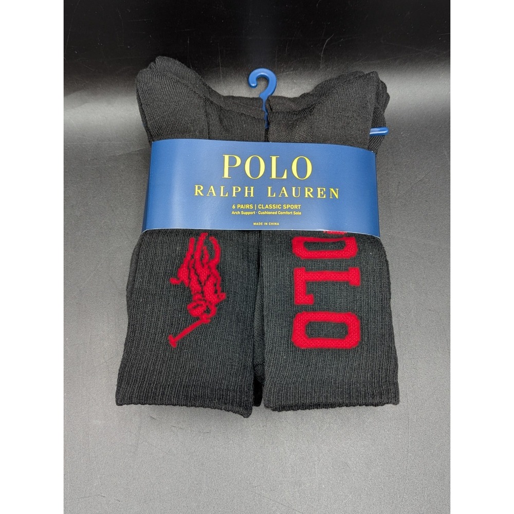 Polo Ralph Lauren Men's Classic Sport Crew socks 6 pair Sz 6-12.5 Red black NWT